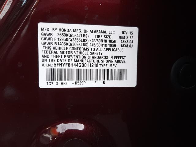 Photo 9 VIN: 5FNYF6H44GB011218 - HONDA PILOT EX 