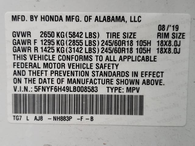 Photo 9 VIN: 5FNYF6H49LB008583 - HONDA PILOT EXL 