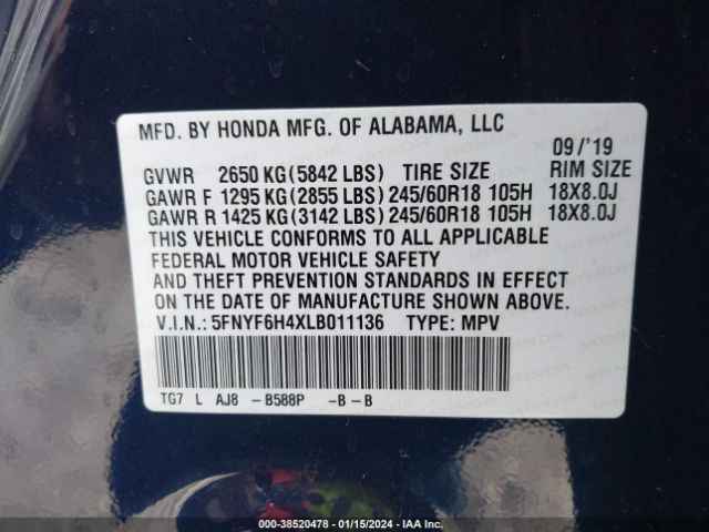 Photo 8 VIN: 5FNYF6H4XLB011136 - HONDA PILOT 