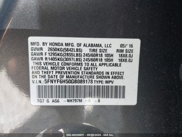 Photo 8 VIN: 5FNYF6H50GB089178 - HONDA PILOT 