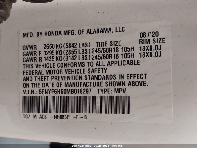 Photo 8 VIN: 5FNYF6H50MB018297 - HONDA PILOT 