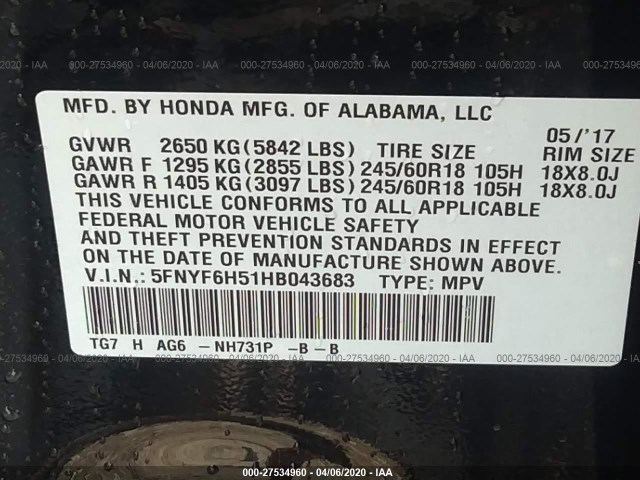 Photo 8 VIN: 5FNYF6H51HB043683 - HONDA PILOT 