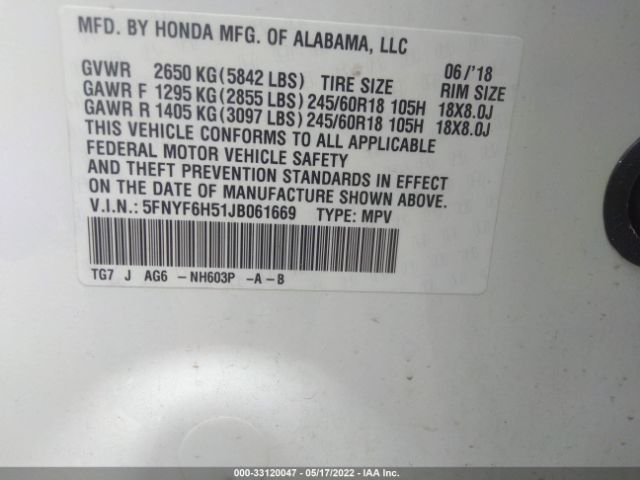 Photo 8 VIN: 5FNYF6H51JB061669 - HONDA PILOT 