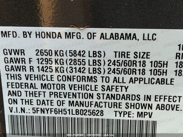 Photo 8 VIN: 5FNYF6H51LB025628 - HONDA PILOT 