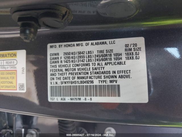 Photo 8 VIN: 5FNYF6H51LB049296 - HONDA PILOT 