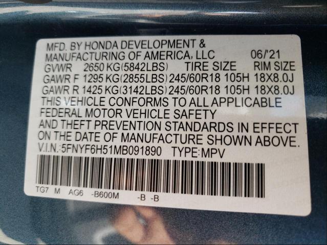 Photo 9 VIN: 5FNYF6H51MB091890 - HONDA PILOT EXL 