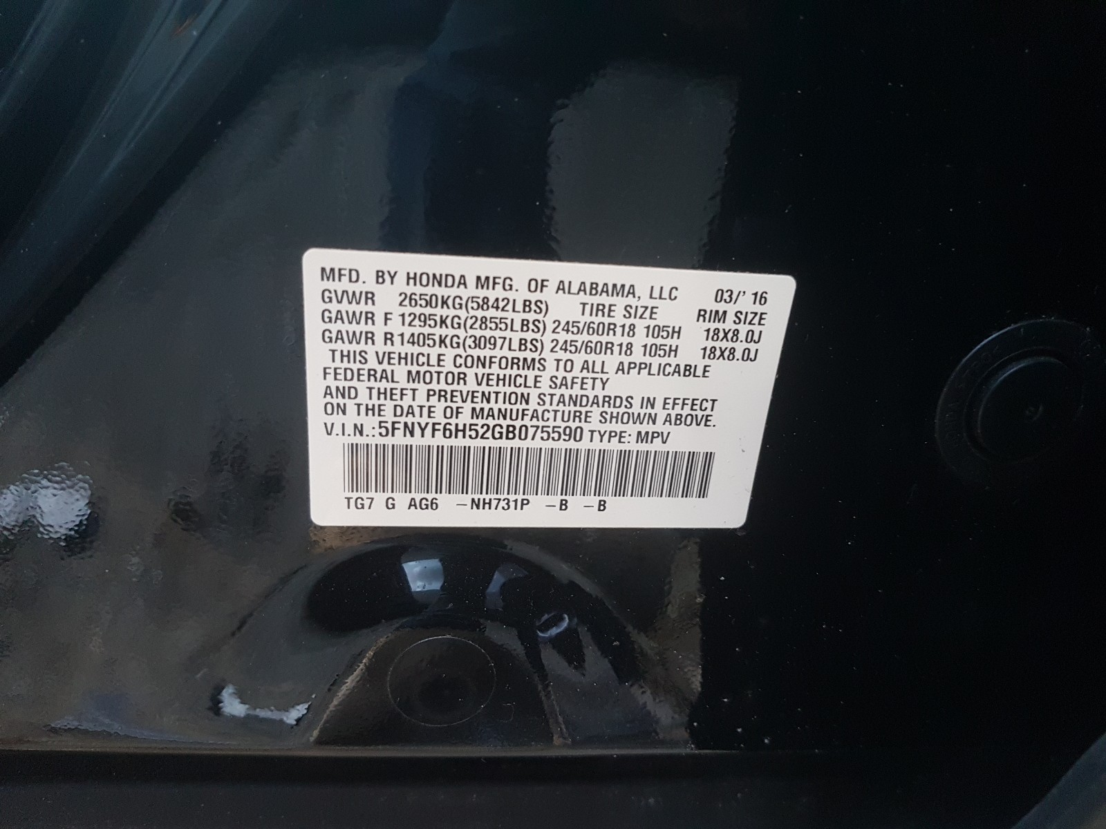 Photo 9 VIN: 5FNYF6H52GB075590 - HONDA PILOT EXL 