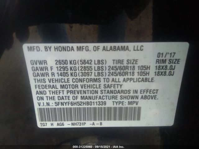 Photo 8 VIN: 5FNYF6H52HB011339 - HONDA PILOT 