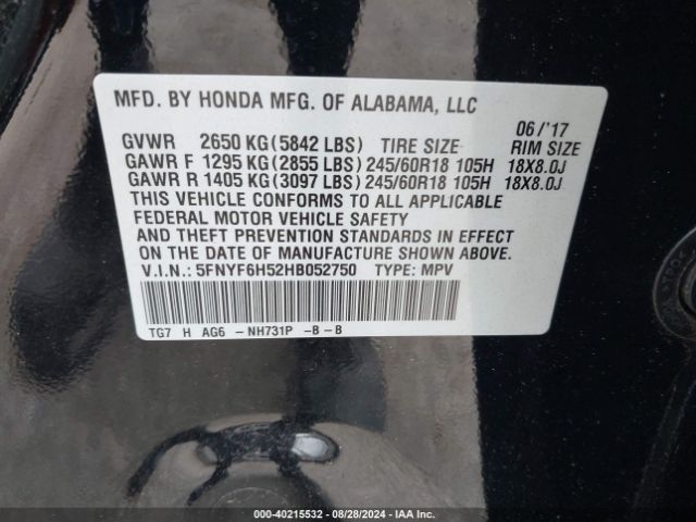 Photo 8 VIN: 5FNYF6H52HB052750 - HONDA PILOT 