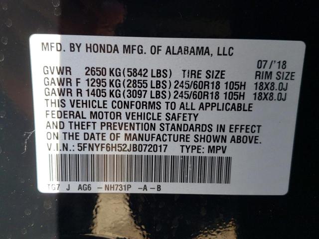 Photo 9 VIN: 5FNYF6H52JB072017 - HONDA PILOT EXL 