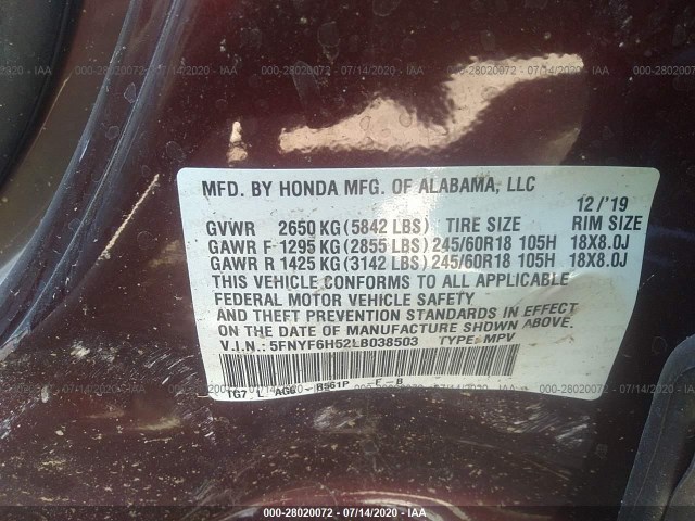 Photo 8 VIN: 5FNYF6H52LB038503 - HONDA PILOT 