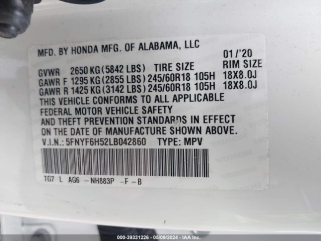 Photo 8 VIN: 5FNYF6H52LB042860 - HONDA PILOT 