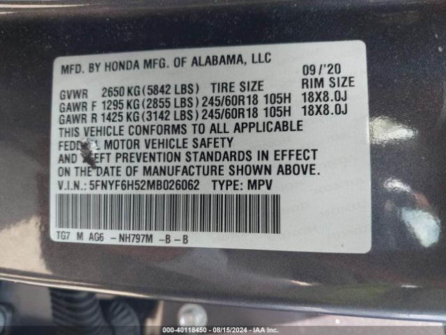 Photo 8 VIN: 5FNYF6H52MB026062 - HONDA PILOT 