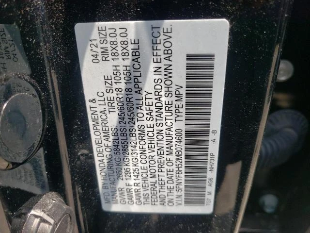 Photo 13 VIN: 5FNYF6H52MB074600 - HONDA PILOT EXL 