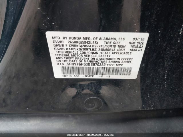 Photo 8 VIN: 5FNYF6H53GB070382 - HONDA PILOT 