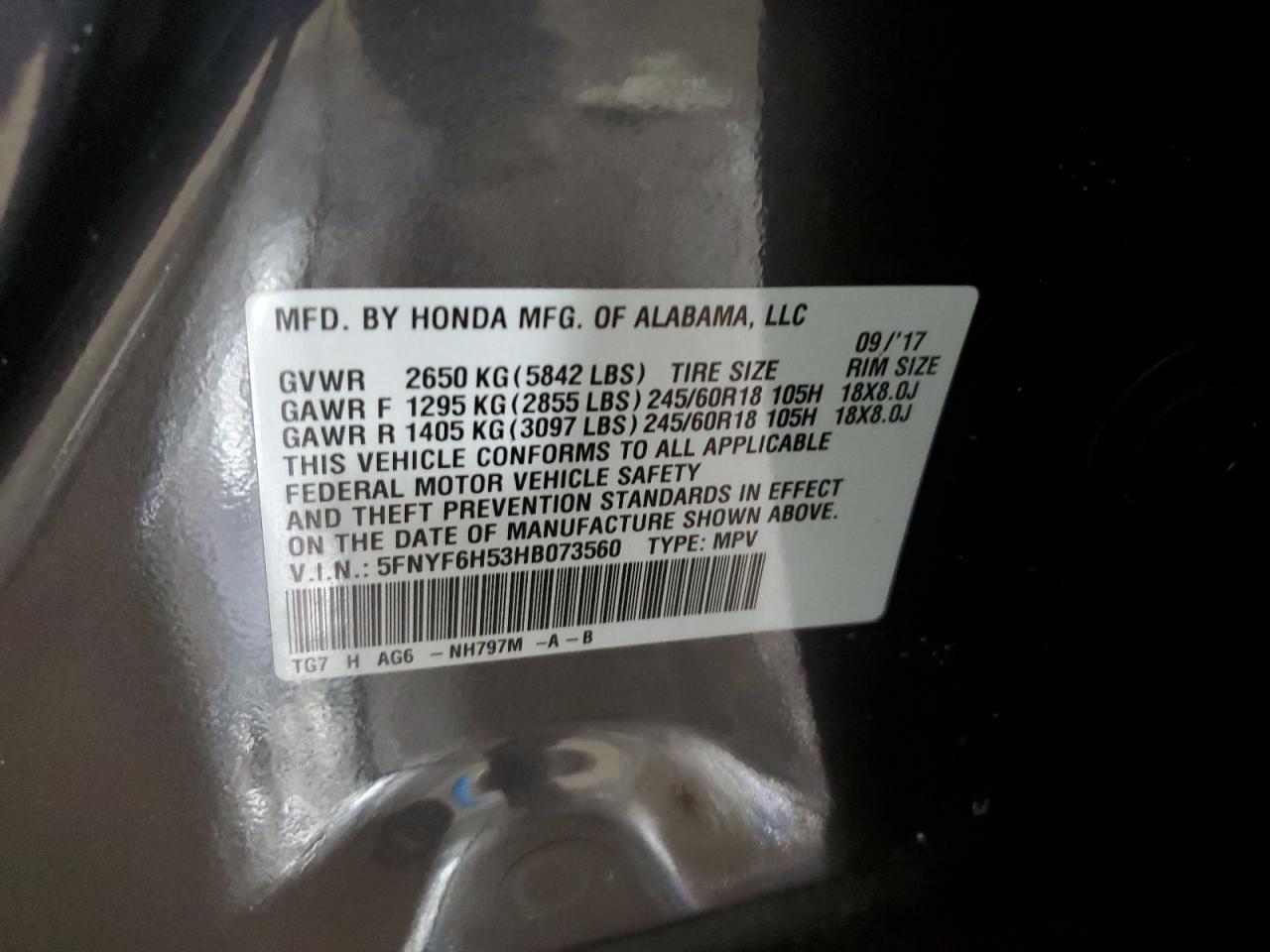 Photo 12 VIN: 5FNYF6H53HB073560 - HONDA PILOT 