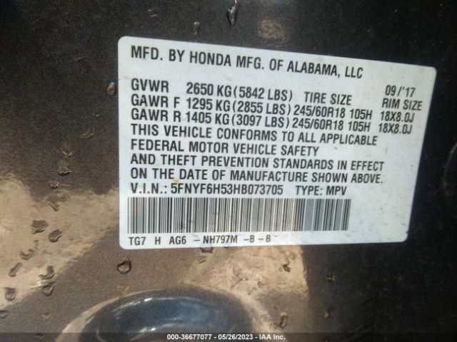 Photo 8 VIN: 5FNYF6H53HB073705 - HONDA PILOT 