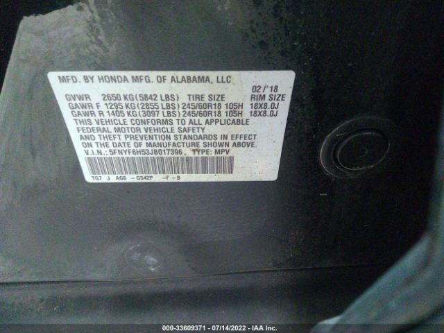 Photo 8 VIN: 5FNYF6H53JB017396 - HONDA PILOT 