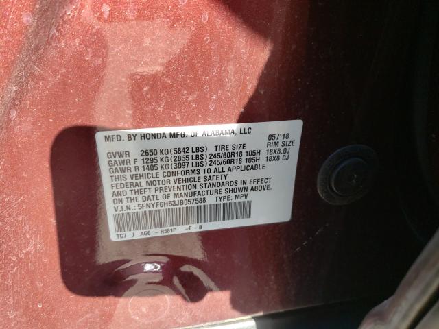 Photo 9 VIN: 5FNYF6H53JB057588 - HONDA PILOT EXL 