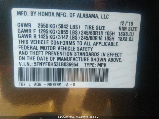 Photo 8 VIN: 5FNYF6H53LB036954 - HONDA PILOT 