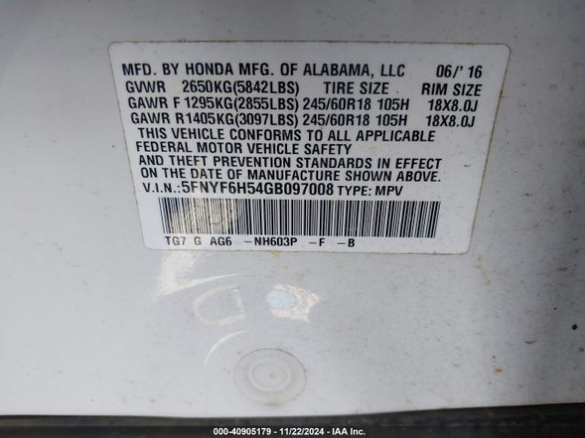 Photo 8 VIN: 5FNYF6H54GB097008 - HONDA PILOT 