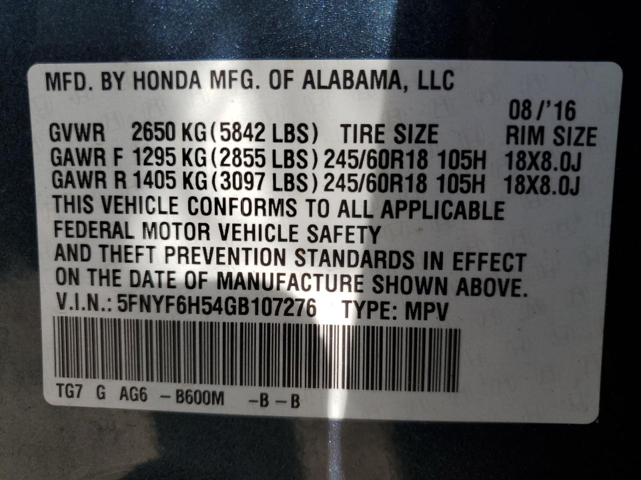 Photo 13 VIN: 5FNYF6H54GB107276 - HONDA PILOT 