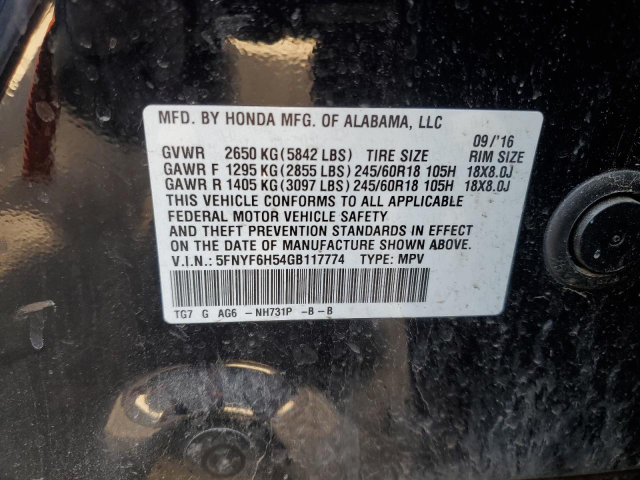 Photo 13 VIN: 5FNYF6H54GB117774 - HONDA PILOT 