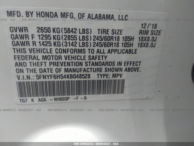 Photo 8 VIN: 5FNYF6H54KB048528 - HONDA PILOT 