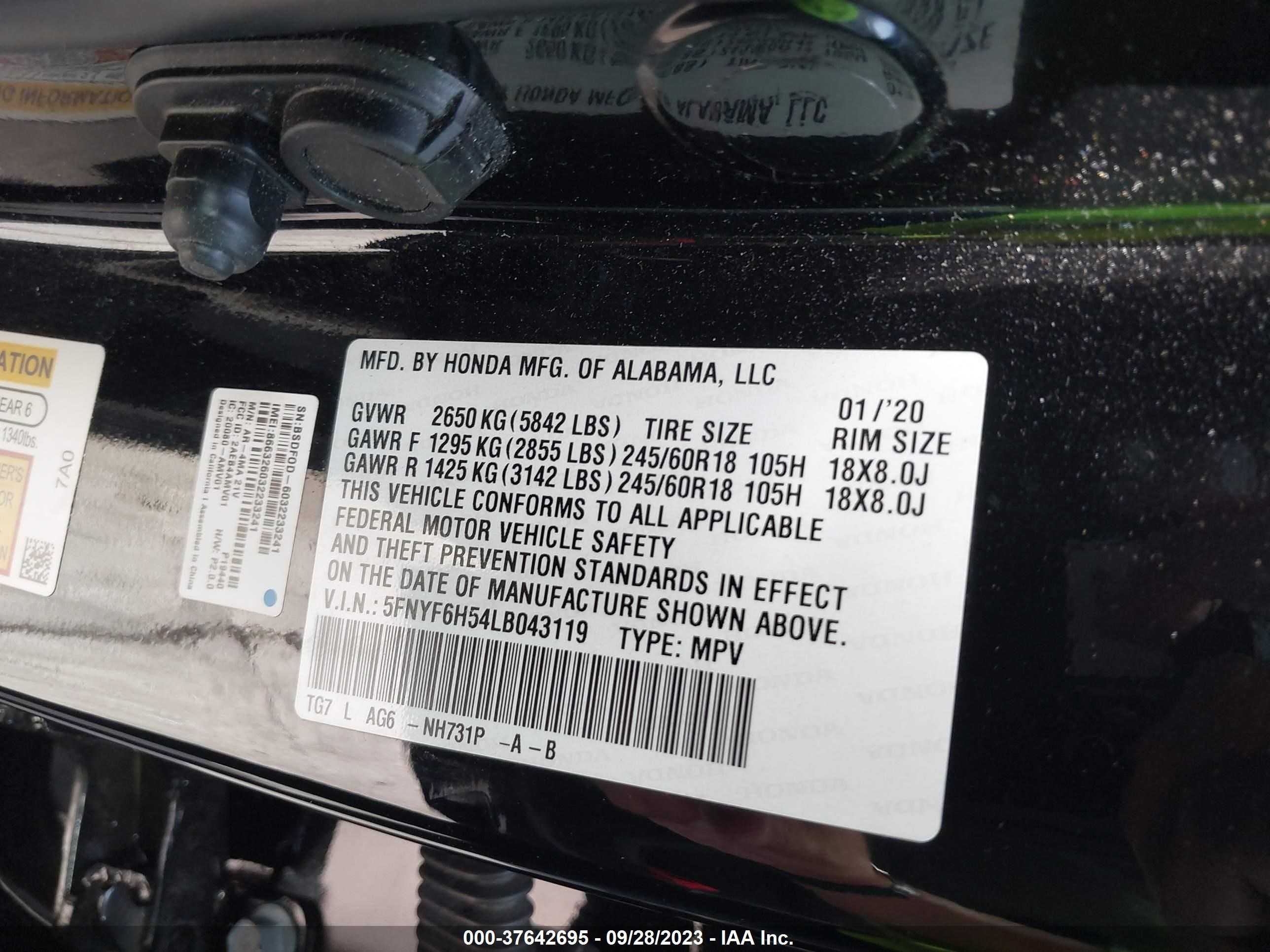 Photo 8 VIN: 5FNYF6H54LB043119 - HONDA PILOT 