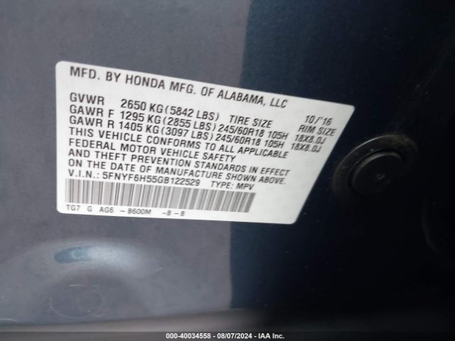 Photo 8 VIN: 5FNYF6H55GB122529 - HONDA PILOT 