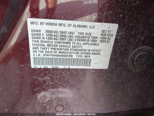 Photo 8 VIN: 5FNYF6H55HB022206 - HONDA PILOT 