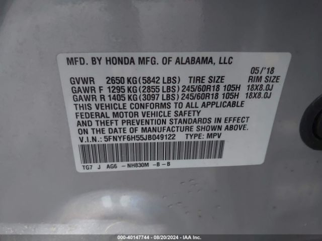 Photo 8 VIN: 5FNYF6H55JB049122 - HONDA PILOT 