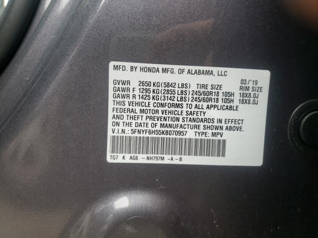 Photo 9 VIN: 5FNYF6H55KB070957 - HONDA PILOT EXL 