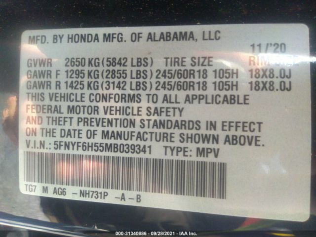 Photo 8 VIN: 5FNYF6H55MB039341 - HONDA PILOT 