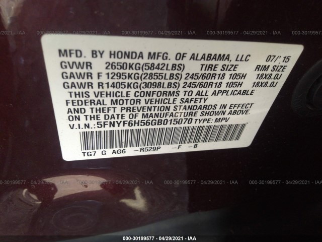 Photo 8 VIN: 5FNYF6H56GB015070 - HONDA PILOT 