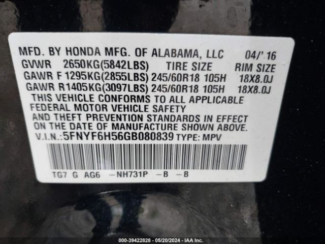 Photo 8 VIN: 5FNYF6H56GB080839 - HONDA PILOT 