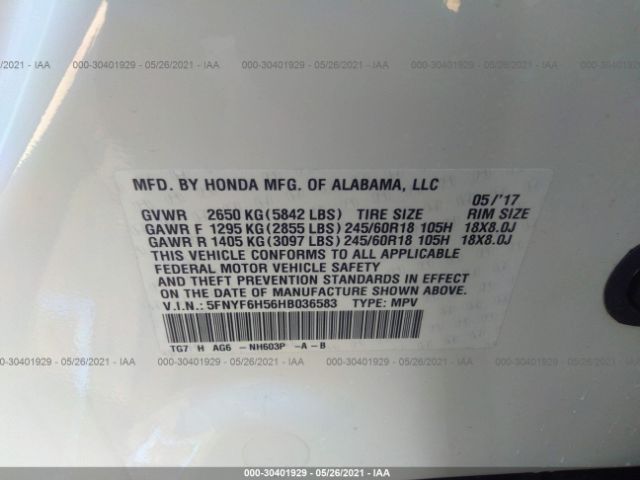 Photo 8 VIN: 5FNYF6H56HB036583 - HONDA PILOT 