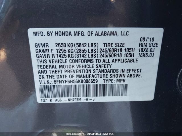 Photo 8 VIN: 5FNYF6H56KB008659 - HONDA PILOT 