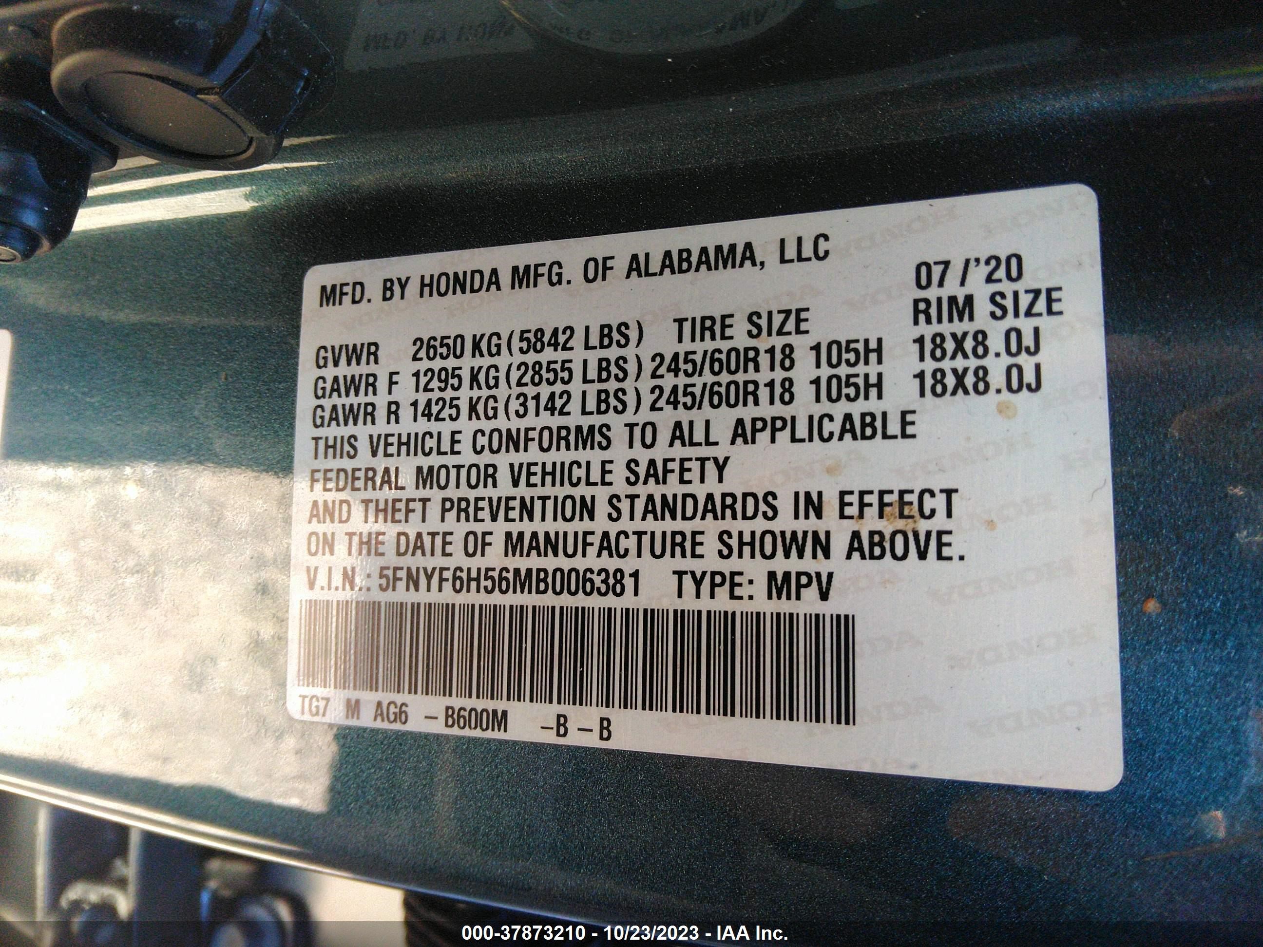 Photo 8 VIN: 5FNYF6H56MB006381 - HONDA PILOT 