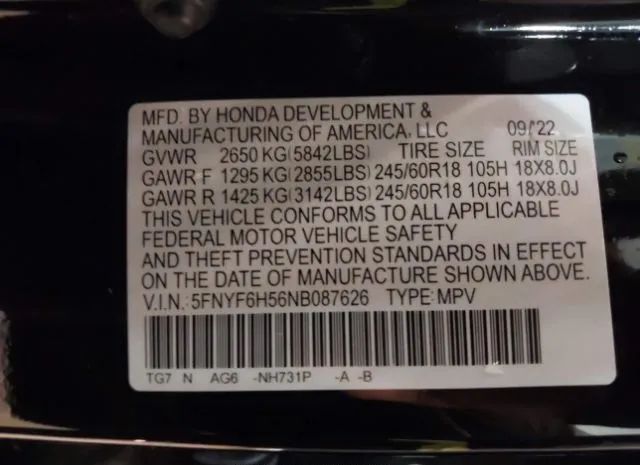 Photo 8 VIN: 5FNYF6H56NB087626 - HONDA PILOT 