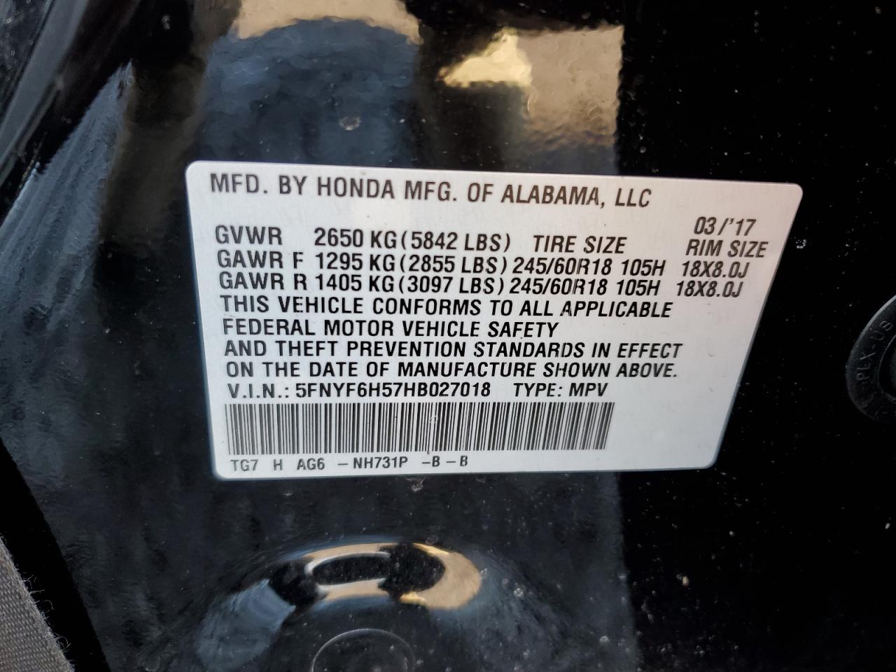 Photo 12 VIN: 5FNYF6H57HB027018 - HONDA PILOT 