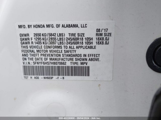 Photo 8 VIN: 5FNYF6H57HB070662 - HONDA PILOT 