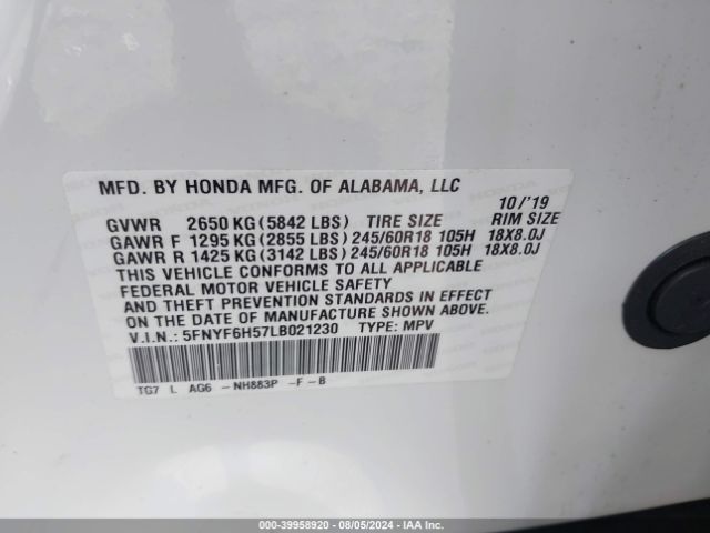 Photo 8 VIN: 5FNYF6H57LB021230 - HONDA PILOT 