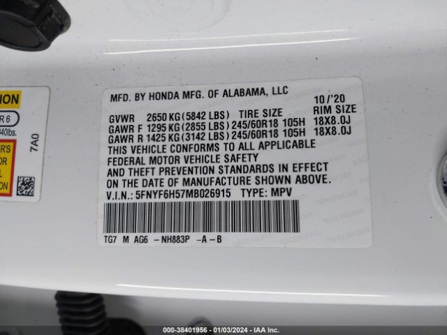 Photo 8 VIN: 5FNYF6H57MB026915 - HONDA PILOT 