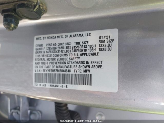 Photo 8 VIN: 5FNYF6H57MB048848 - HONDA PILOT 