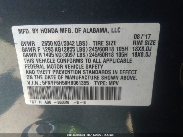 Photo 8 VIN: 5FNYF6H58HB061355 - HONDA PILOT 