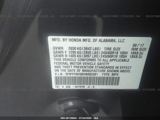 Photo 8 VIN: 5FNYF6H58HB063381 - HONDA PILOT 