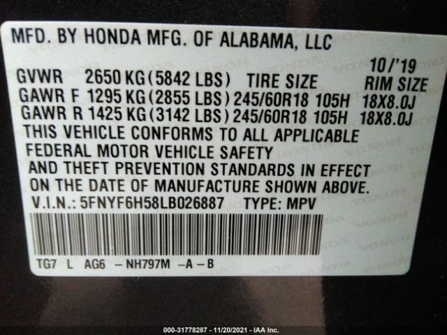 Photo 8 VIN: 5FNYF6H58LB026887 - HONDA PILOT 