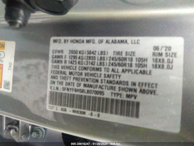 Photo 8 VIN: 5FNYF6H58LB070095 - HONDA PILOT 