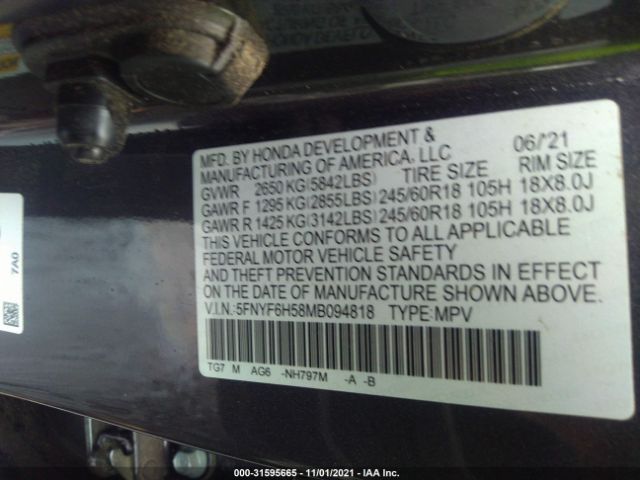 Photo 8 VIN: 5FNYF6H58MB094818 - HONDA PILOT 